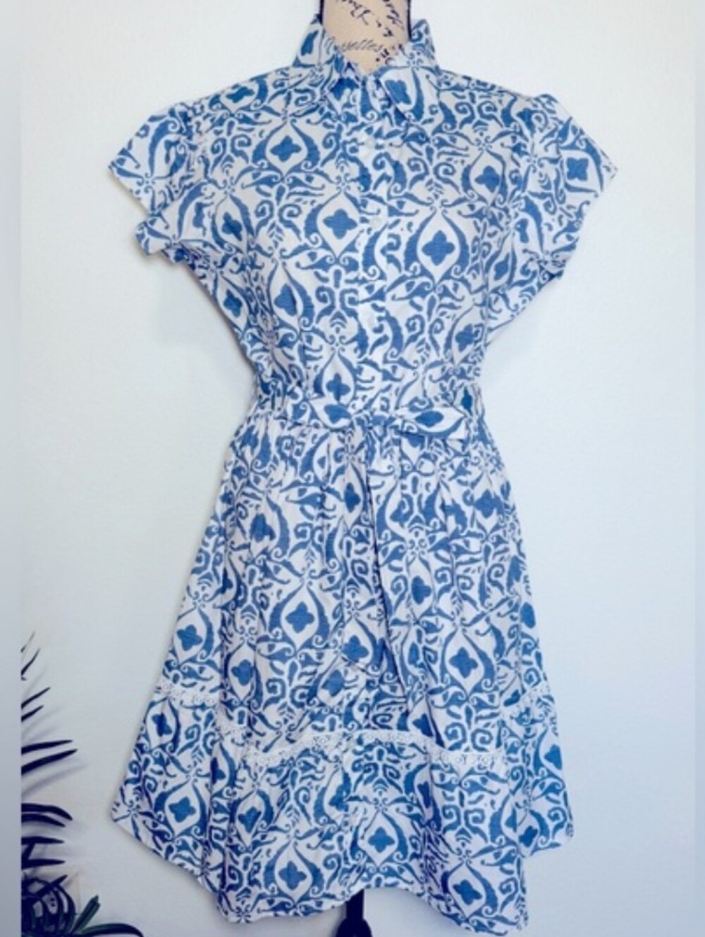Lapogee Blue & White Printed Mini Dress with Waist Tie